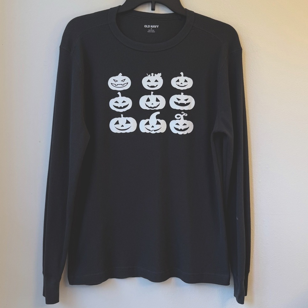 Old Navy Smiling Pumpkin Waffle Knit Shirt Medium Charcoal Halloween Thermal
